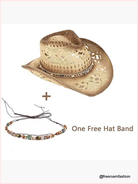 Straw Cowboy Hat with Two Removable Bands Western Cowgirl Sun Hat